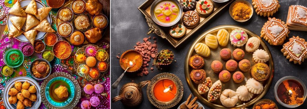 Traditional Diwali sweets like samosas, gujia, and laddu