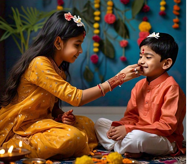 Brother and sister duo celebrating Bhai Dooj, with traditional tilak ceremony and sweets exchange.