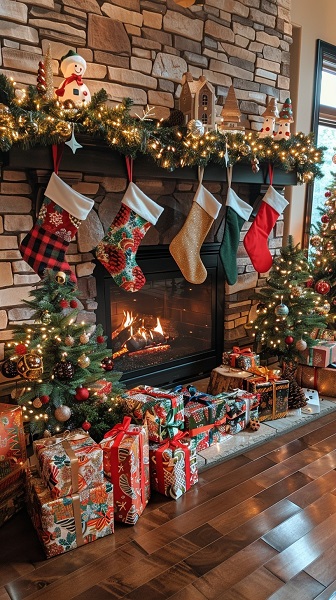 Christmas tree decorated with lights, ornaments, and gifts, showcasing festive holiday season spirit.