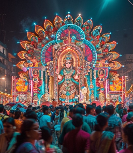 Durga Puja pandal with idol of Goddess Durga, surrounded by devotees and traditional Bengali decorations.