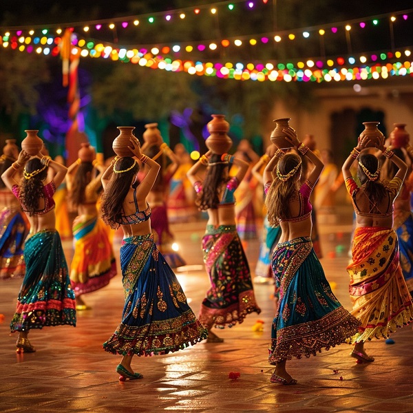 Garba dance performance during Navratri festival, showcasing traditional Gujarati attire and dandiya raas sticks