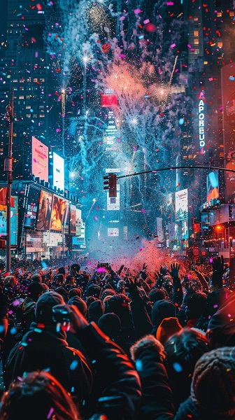 Fireworks and confetti during New Year's Eve celebrations, with people gathering to welcome the new year.