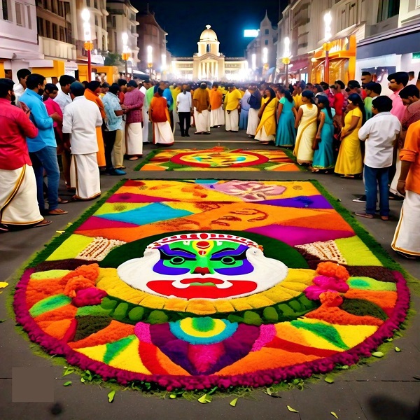 Traditional Onam festival celebrations in Kerala, India, featuring colorful pookalam flower arrangements and traditional Kerala attire