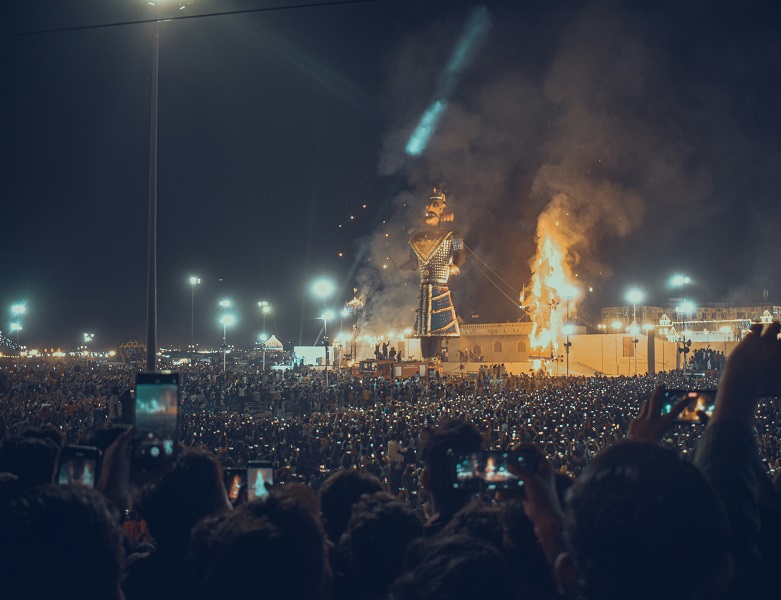 Effigy of Ravana burning during Dussehra celebrations, symbolizing victory of good over evil.