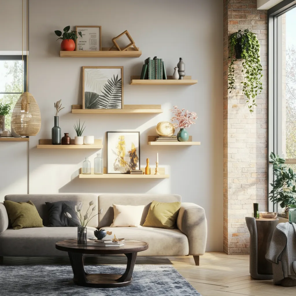 Living room floating shelves